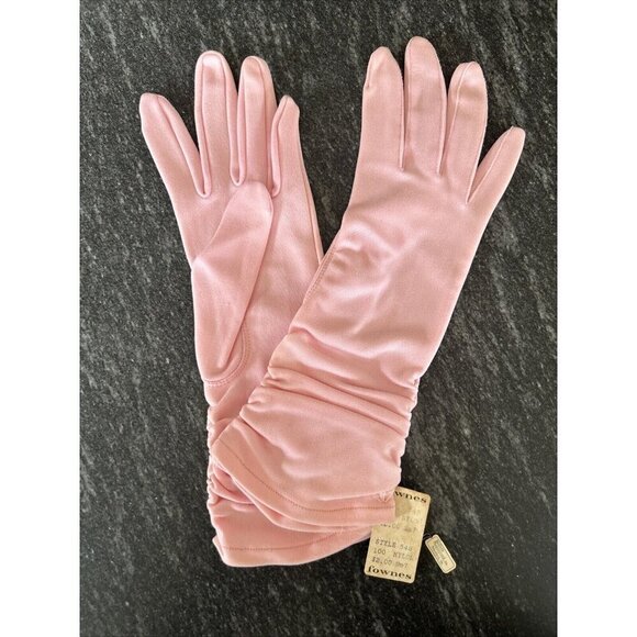 Vintage 50s 60s Pink Over-Wrist Ruched Dressy Gloves - size 7 FOWNES Nylon - Picture 1 of 2